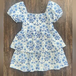 Show Me Your MuMu Mini Blue& White Floral Puff-Sleeve Tiered Dress